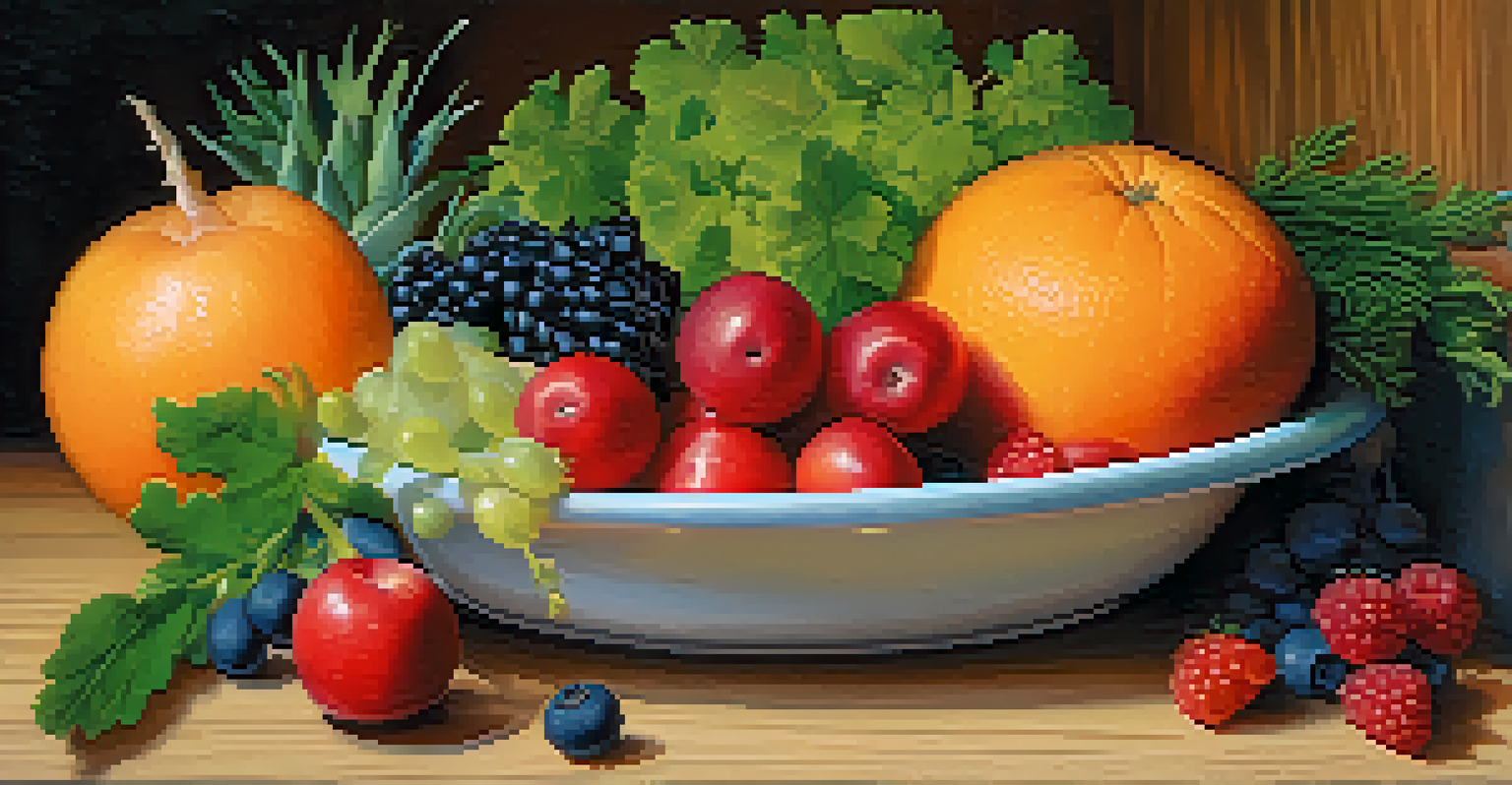 A colorful plate of assorted fruits and vegetables on a wooden table, with natural light highlighting the fresh textures.