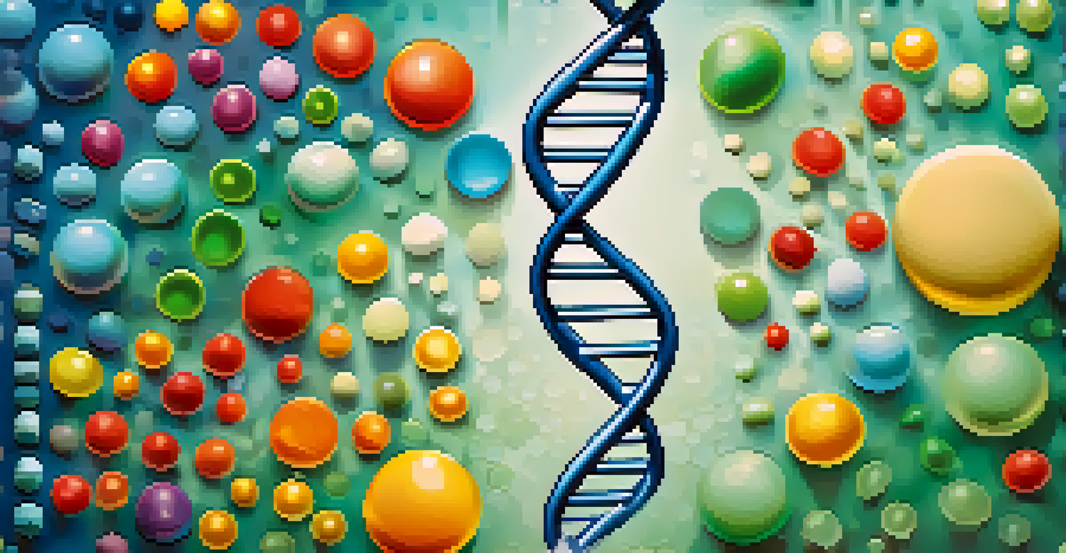 A colorful DNA double helix intertwined with pills, symbolizing the connection between genetics and pharmacogenomics.