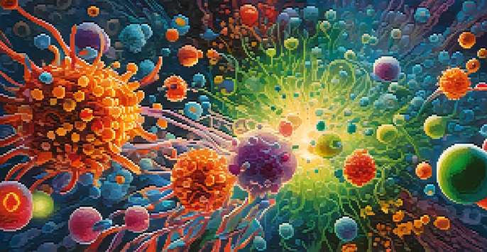 An artistic depiction of the adaptive immune system showing B cells and T cells fighting pathogens with glowing orbs and beams of light in a colorful background.