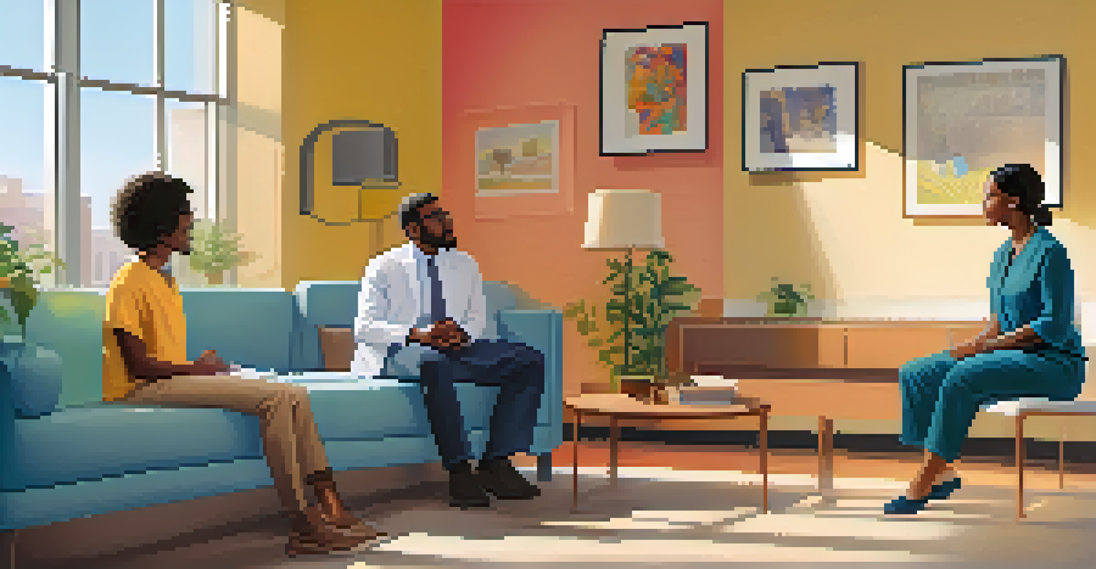 Two diverse mental health professionals talking compassionately with a patient in a welcoming office.
