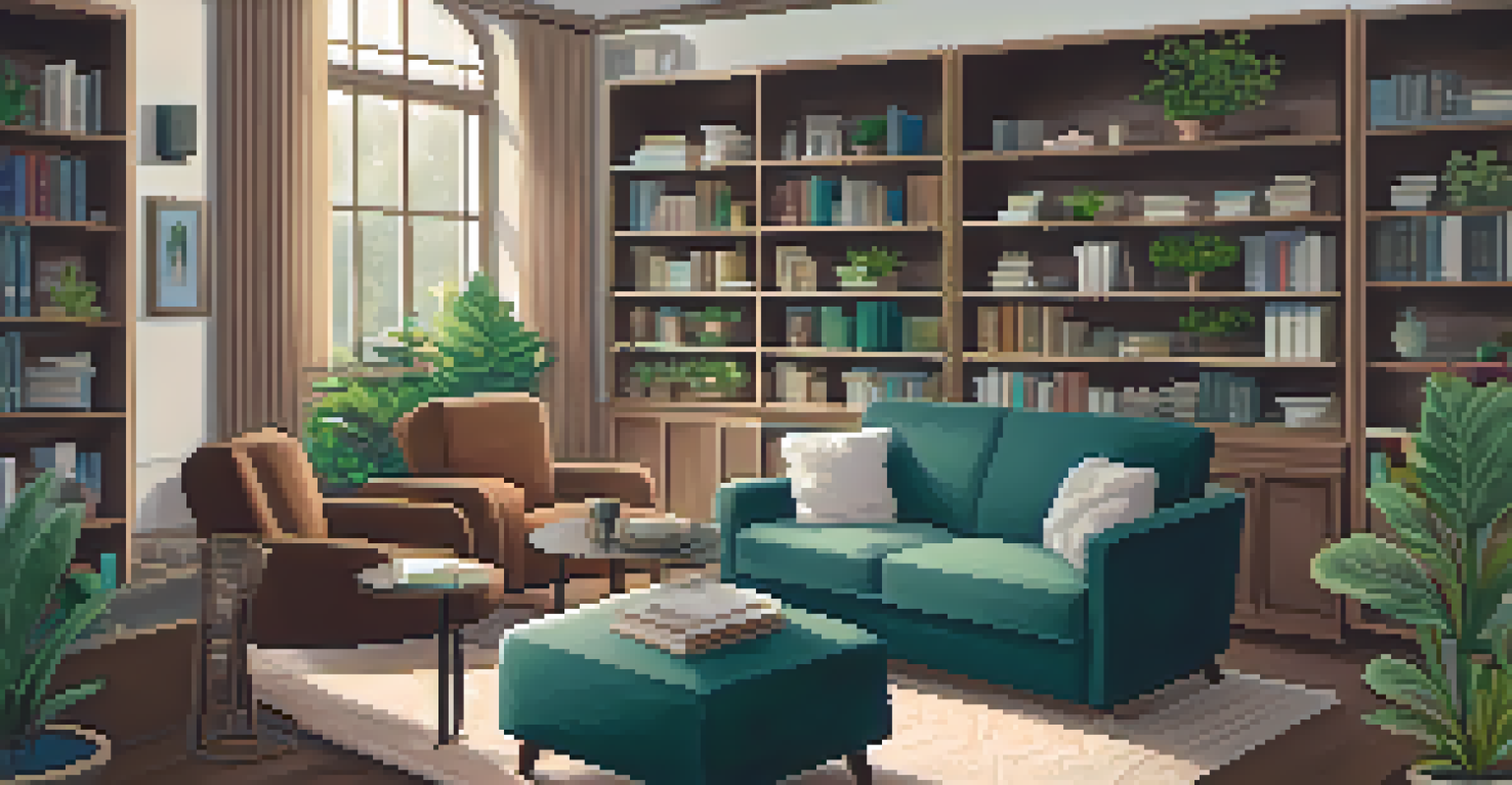 A cozy therapist's office with warm lighting and comfortable chairs, where a therapist and client are engaged in conversation.