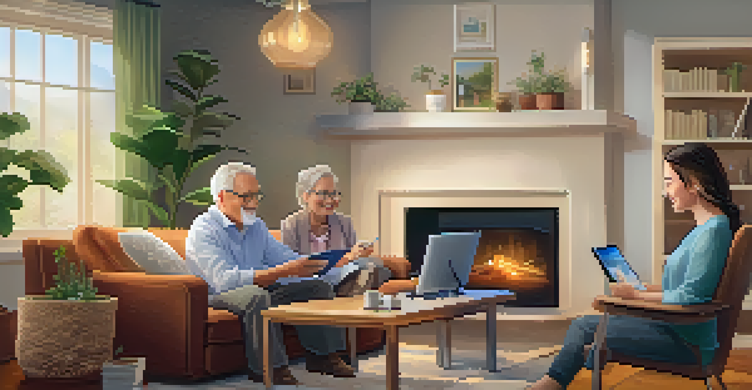 An elderly couple in a cozy living room using a tablet for a telemedicine consultation, smiling at the screen.