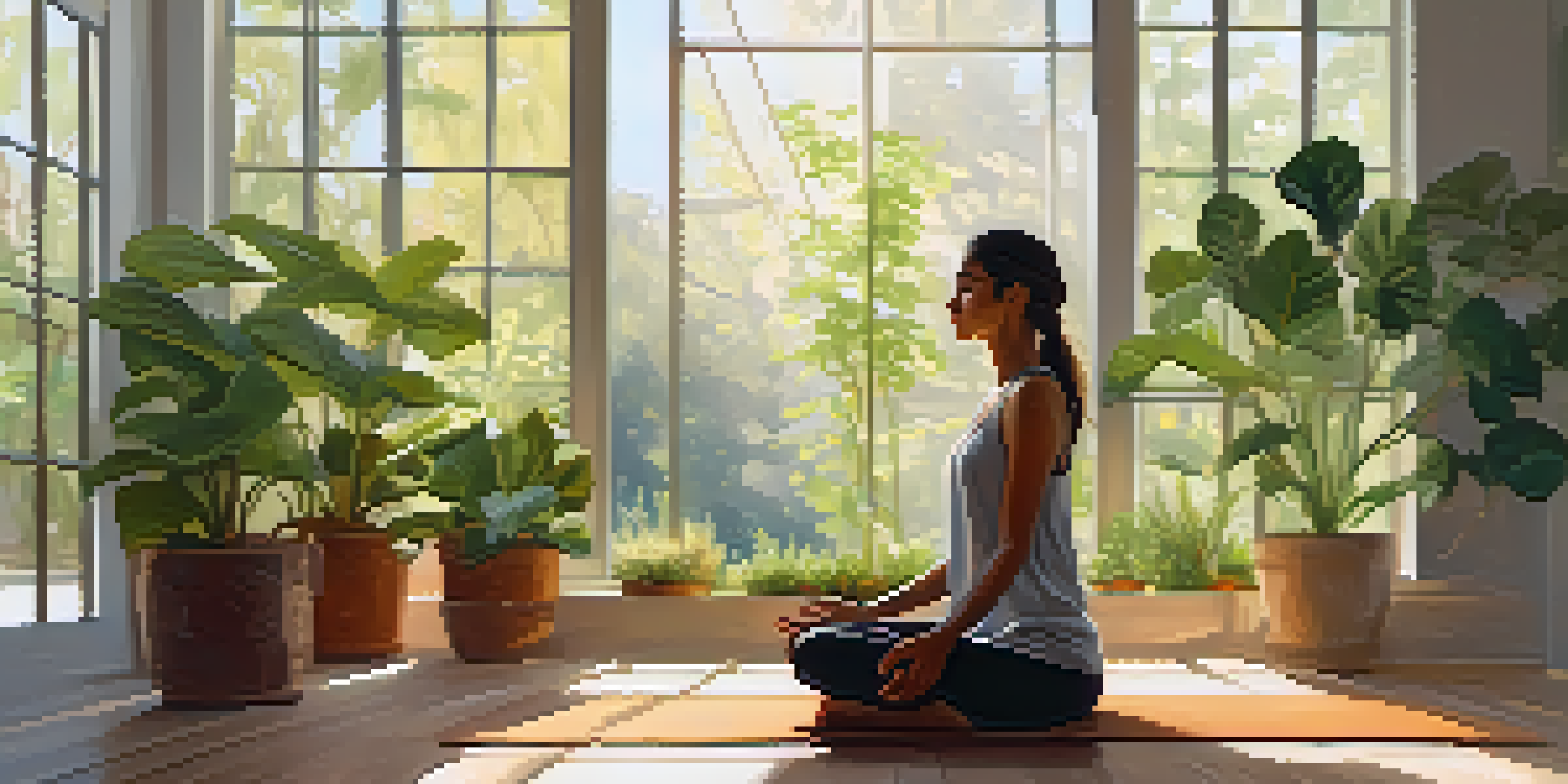 A person meditating in a bright, plant-filled room with sunlight illuminating the space.
