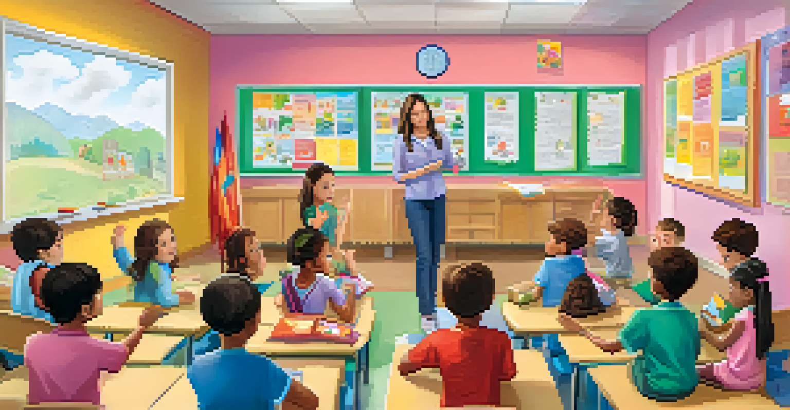 Children in a vibrant classroom learning about gender roles in caregiving, with an engaged teacher and students participating.
