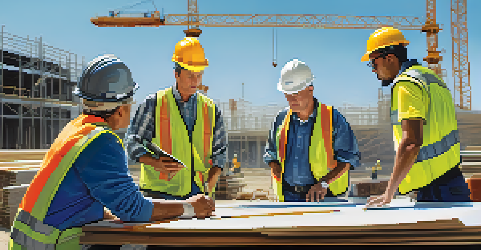 Construction workers in safety gear gathered around a table for a safety briefing at a construction site.