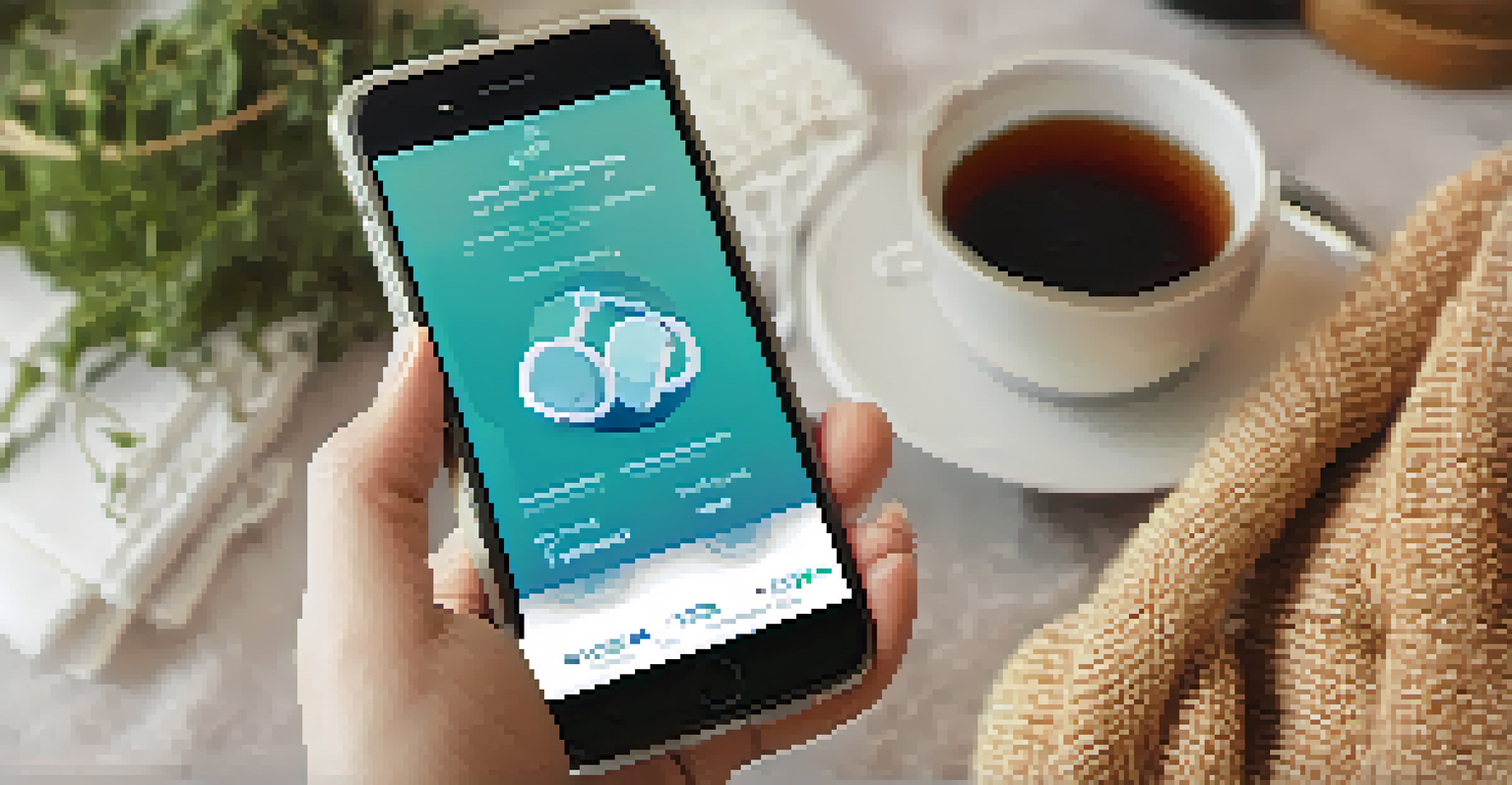 Close-up of a person's hands holding a smartphone with a health app, surrounded by a cozy home environment including a blanket and a cup of tea.