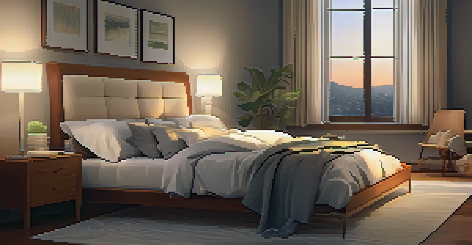 A tranquil bedroom with a made bed, soft lighting, and a calm atmosphere for restful sleep.