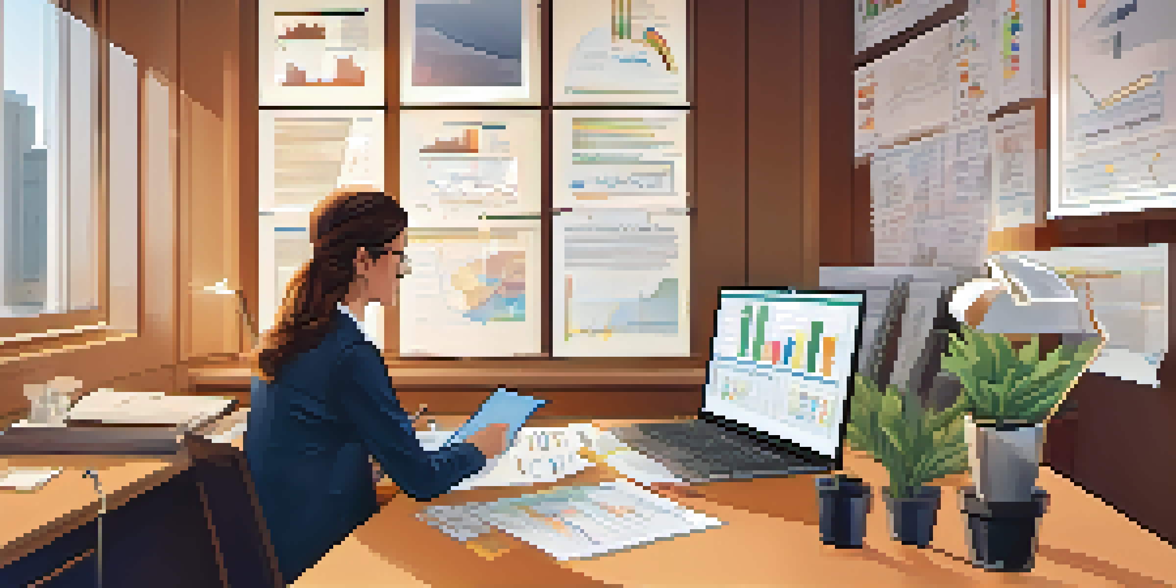 A researcher working at a desk on a case-control study, with charts on the laptop and papers around them in a warm-lit office.
