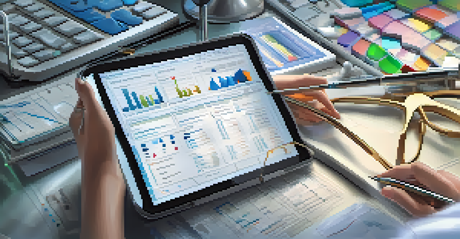 A healthcare professional closely examining data on a tablet in a well-organized office filled with medical supplies.