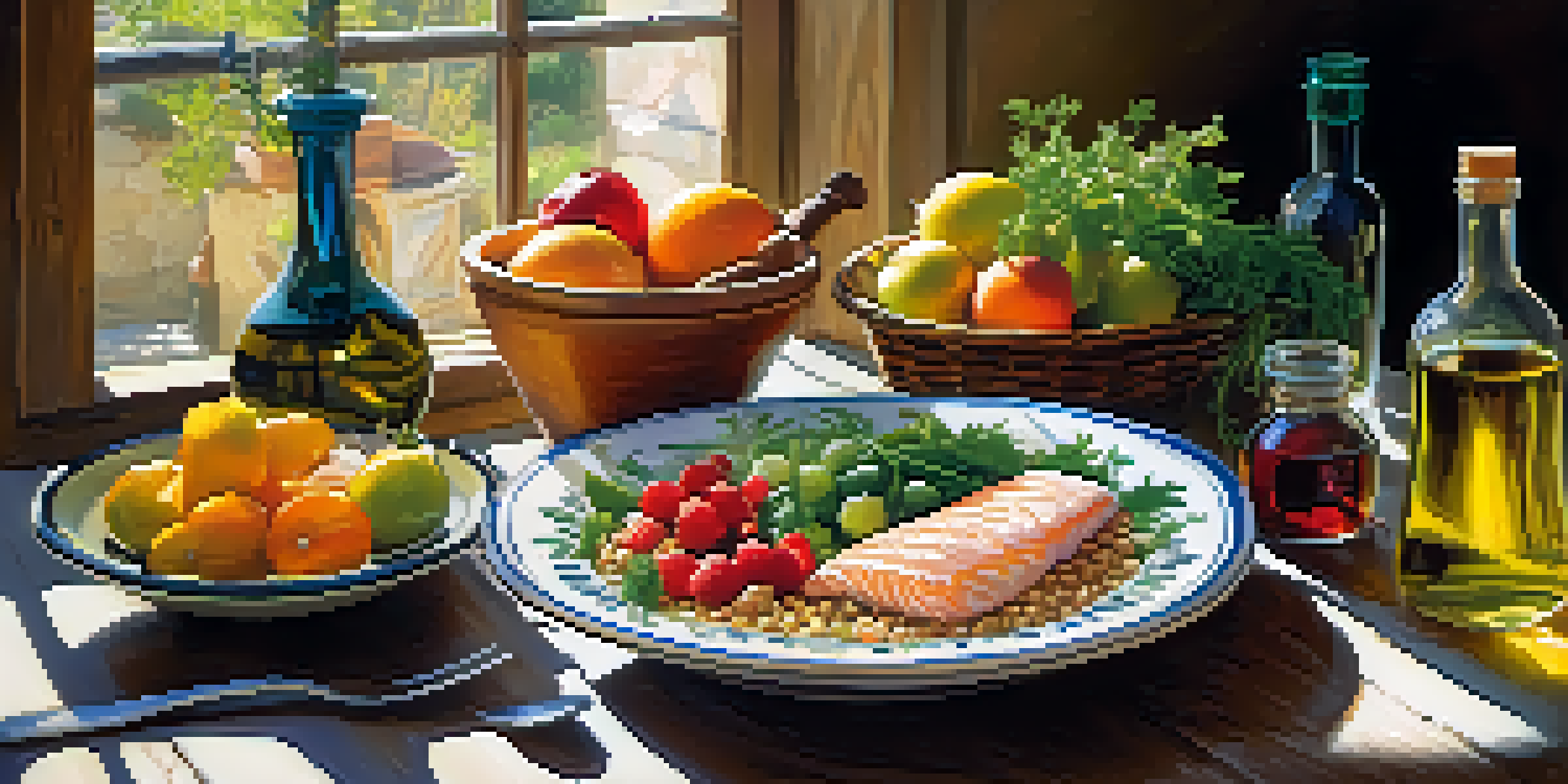 A colorful Mediterranean meal on a wooden table with fruits, vegetables, fish, and olive oil under soft sunlight.