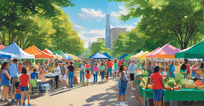 A lively health fair in a park with colorful booths, families interacting, children playing, and healthcare professionals providing information.