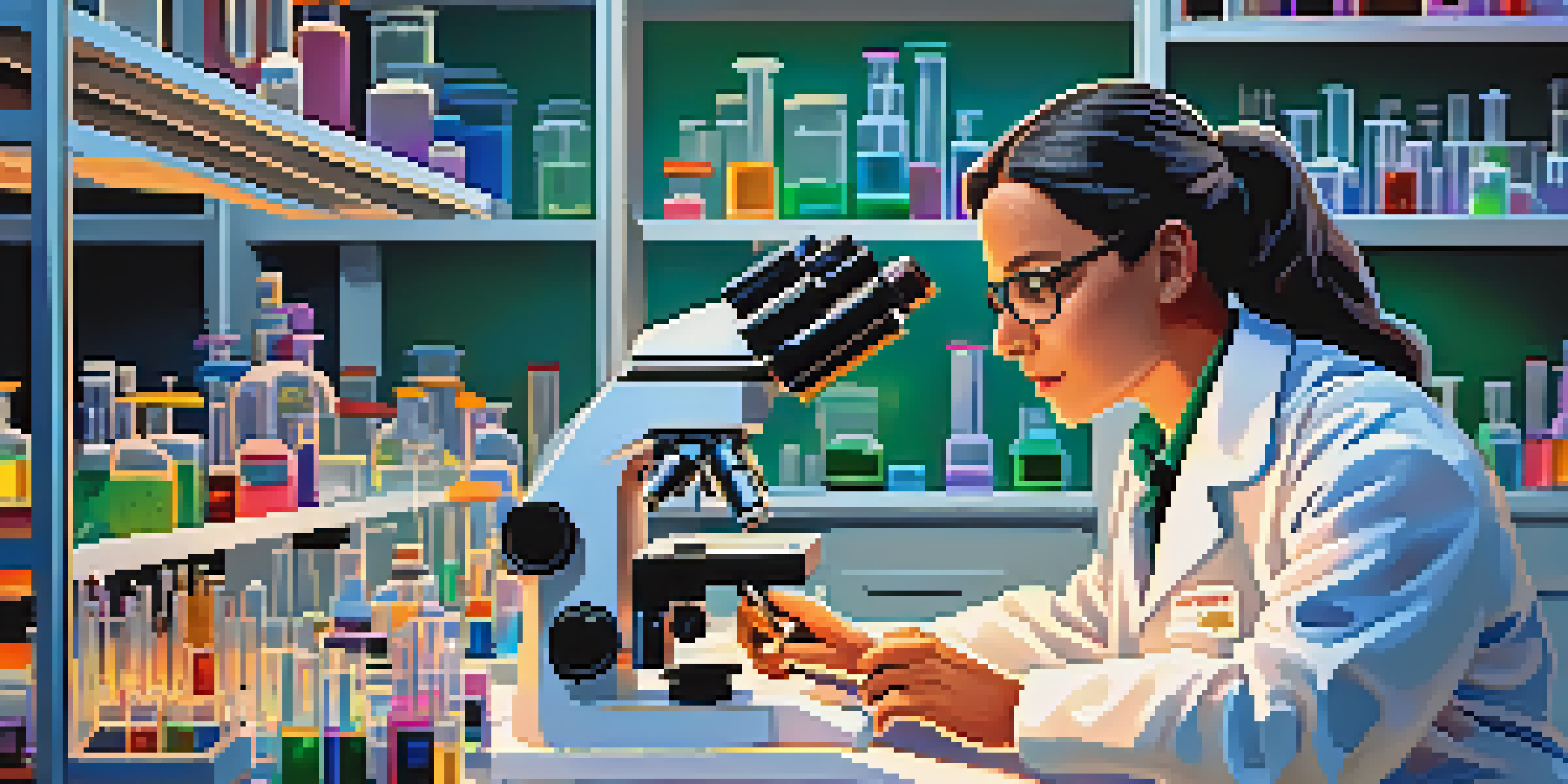 A scientist in a laboratory examining a sample under a microscope, surrounded by colorful test tubes and lab equipment.