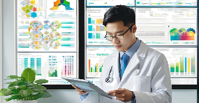 A healthcare professional in a modern clinic reviewing a patient's genetic profile on a tablet, surrounded by medical charts and plants.