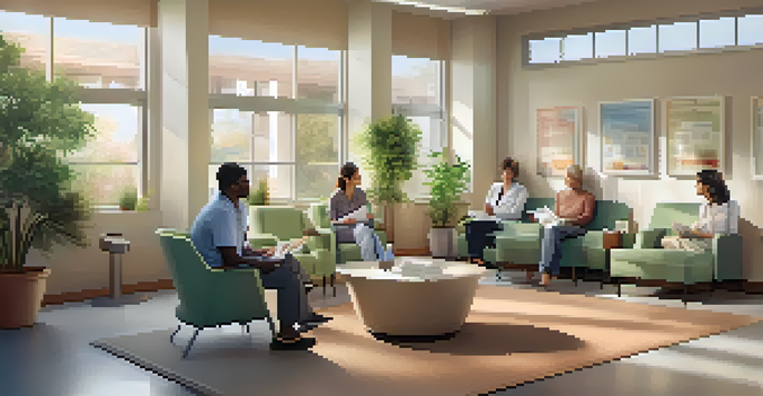 A diverse group of patients in a comfortable medical office waiting area, engaged in conversation and reading.
