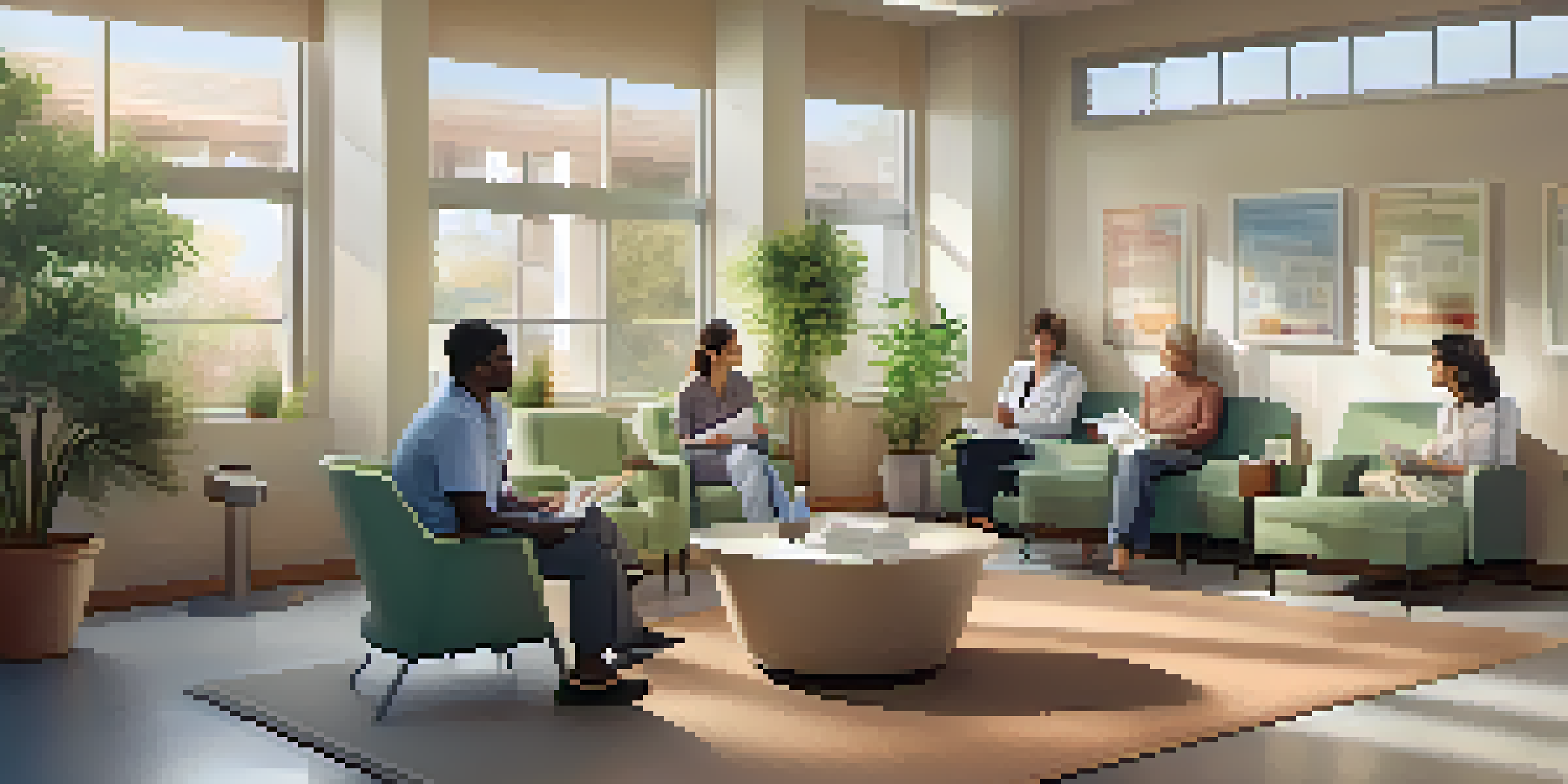 A diverse group of patients in a comfortable medical office waiting area, engaged in conversation and reading.