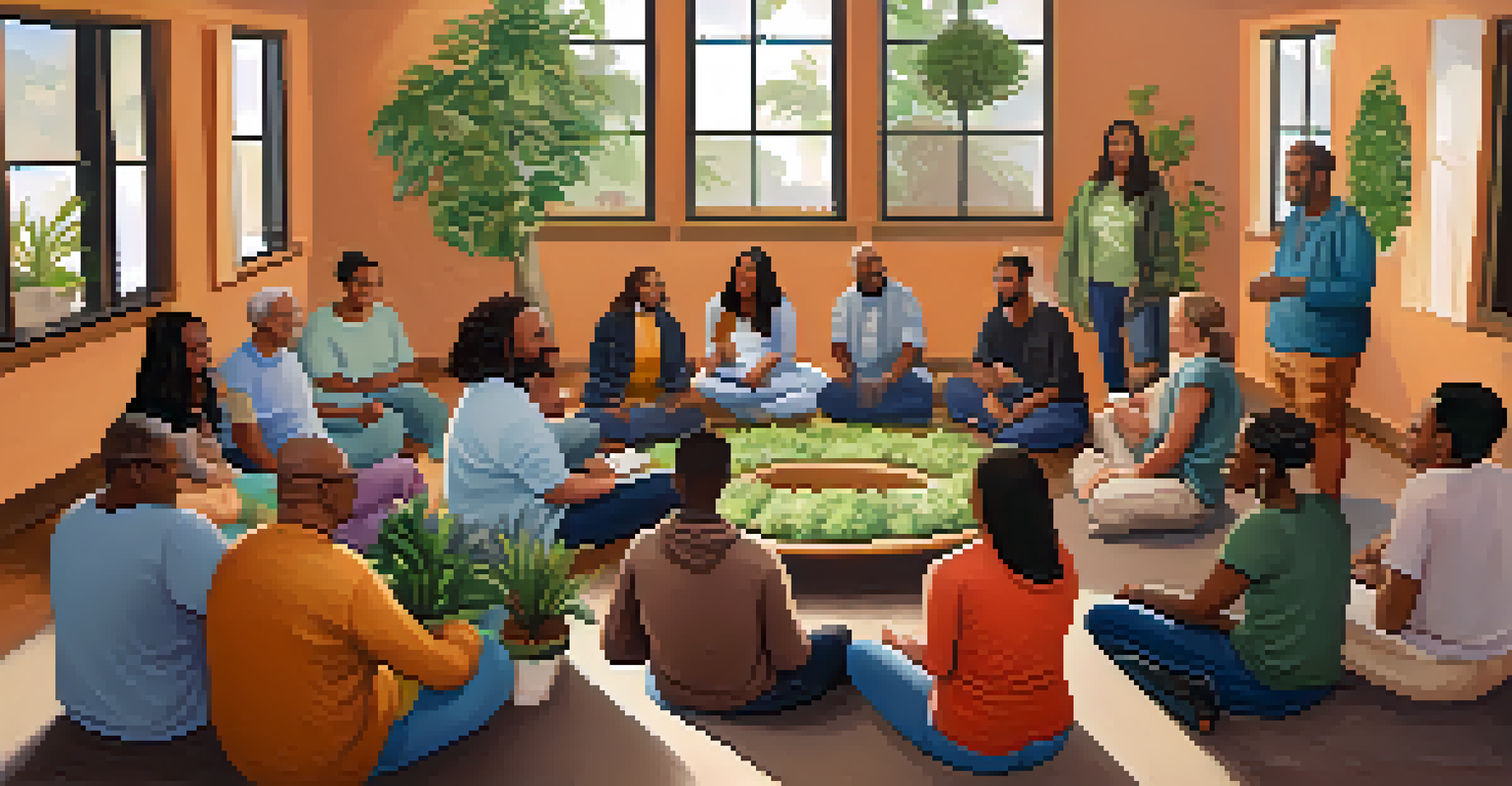 A diverse group of individuals sitting in a circle in a community center, sharing experiences about health and spirituality.