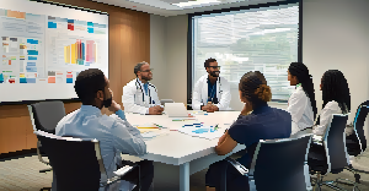 Diverse healthcare professionals in a meeting room discussing strategies for patient-centered care, with a whiteboard in the background.