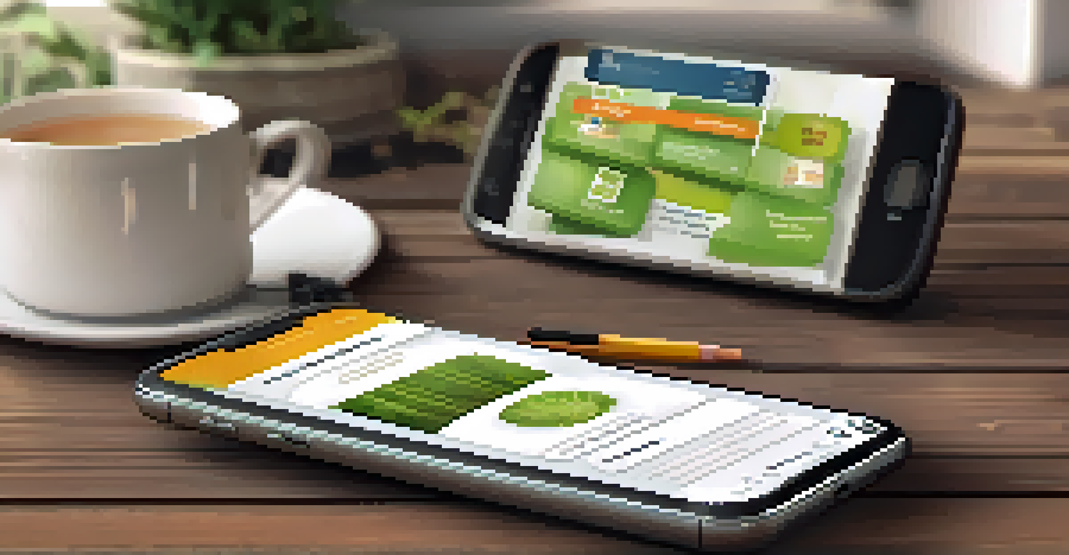 A smartphone displaying a public health education app with various health resources on its screen, set on a wooden table next to a cup of tea.