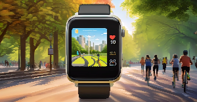A smartwatch showing health metrics in a park setting with people jogging and cycling.