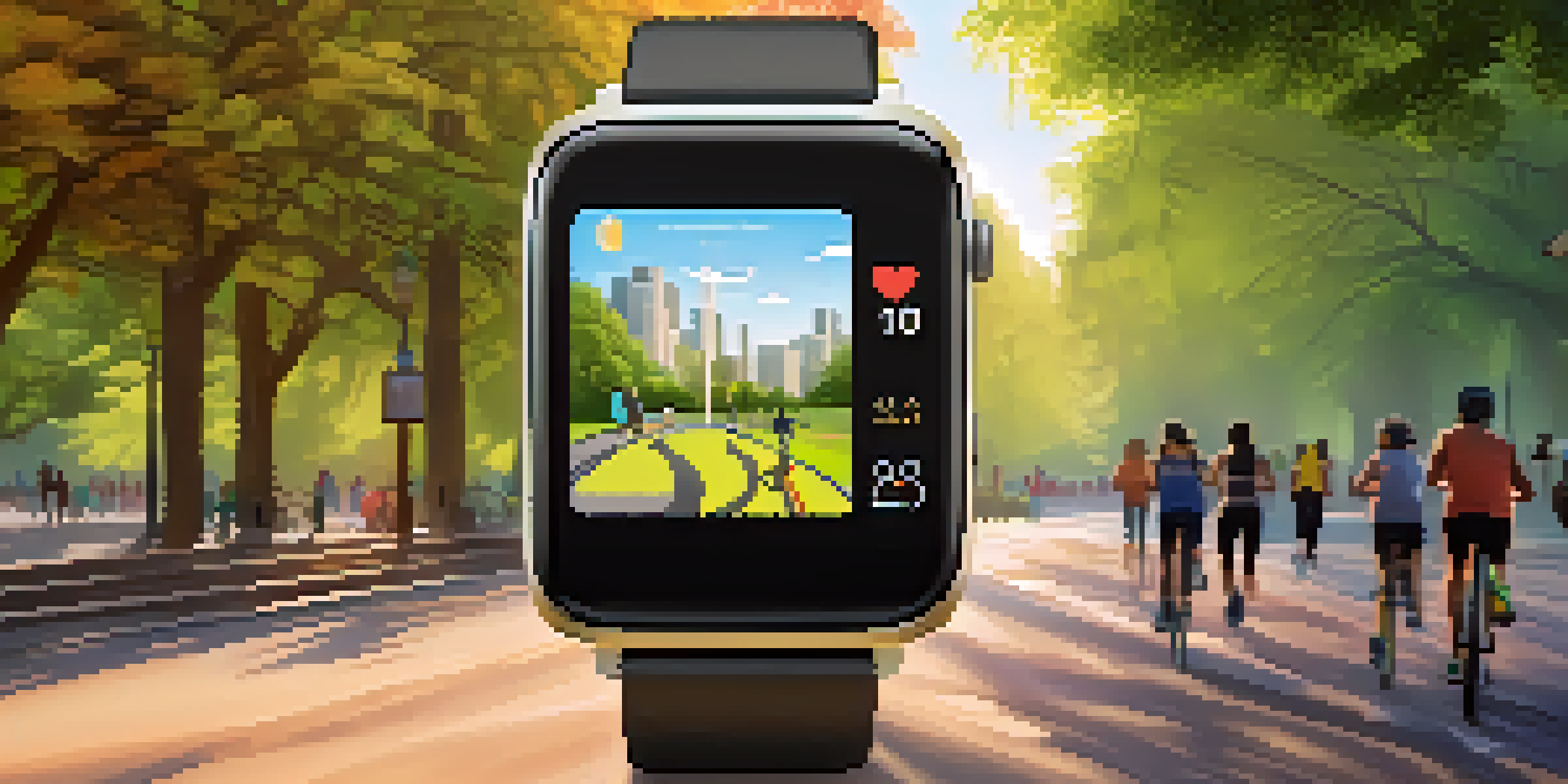 A smartwatch showing health metrics in a park setting with people jogging and cycling.