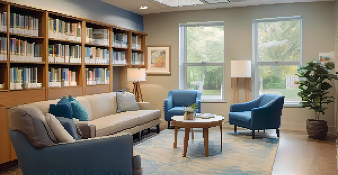A cozy genetic counseling office with a counselor and client engaged in a discussion, surrounded by books and soft lighting.