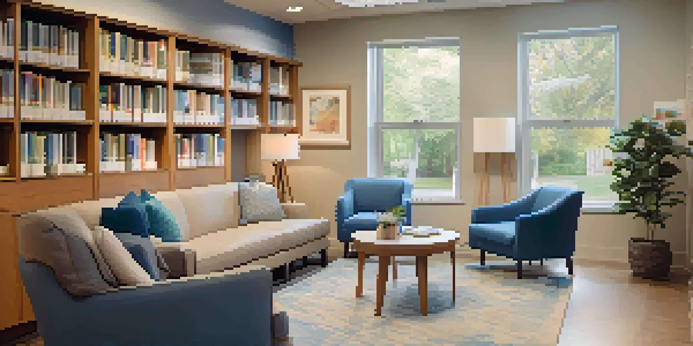 A cozy genetic counseling office with a counselor and client engaged in a discussion, surrounded by books and soft lighting.