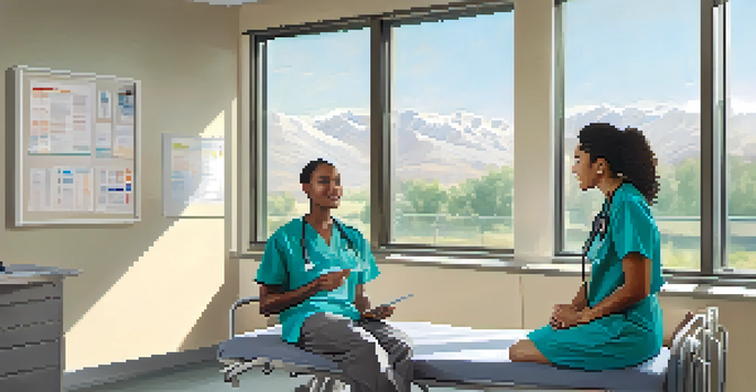A healthcare professional talking to a patient in a sunny examination room, emphasizing communication in healthcare.