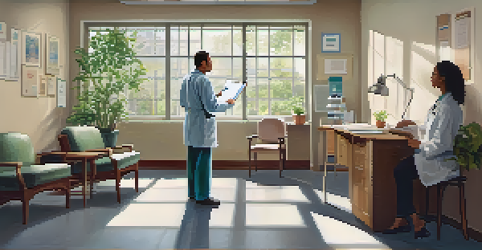 A peaceful doctor's office scene with a healthcare provider and a patient discussing health concerns, surrounded by natural light and greenery.