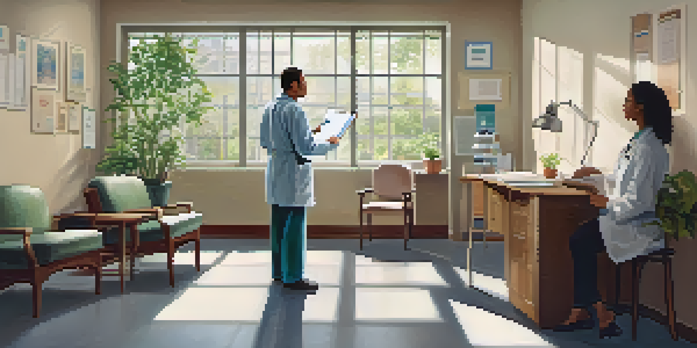 A peaceful doctor's office scene with a healthcare provider and a patient discussing health concerns, surrounded by natural light and greenery.
