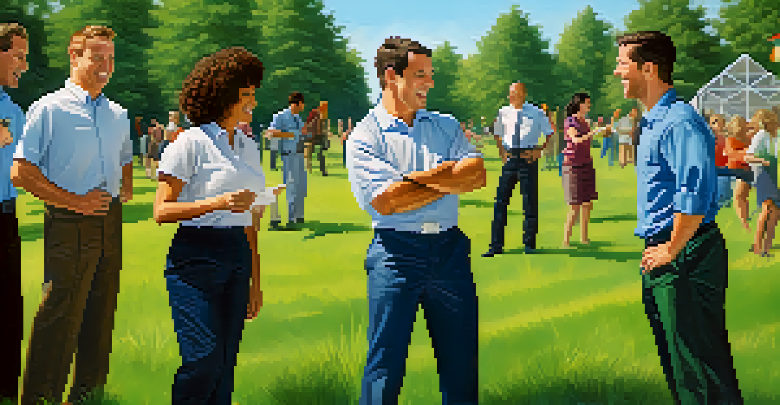 A diverse group of employees engaged in a team-building exercise outdoors, laughing and enjoying each other's company.