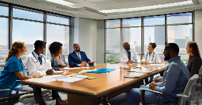 A diverse healthcare team engaged in a brainstorming session in a bright conference room, with charts and graphs displayed.