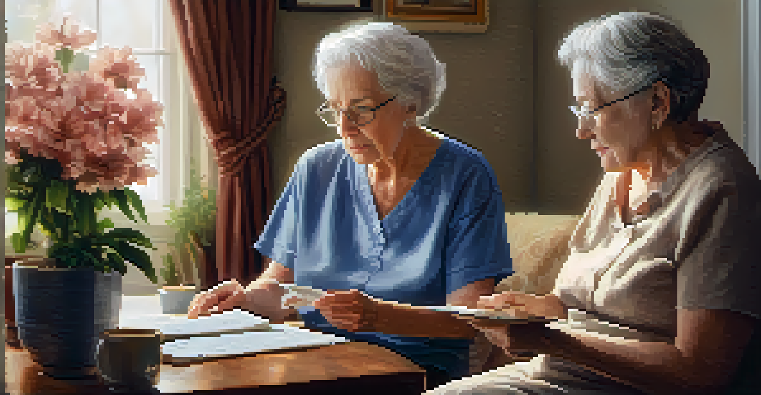 A caregiver assisting an elderly person in a cozy living room, with warm lighting and personal touches, reflecting a supportive and caring environment.