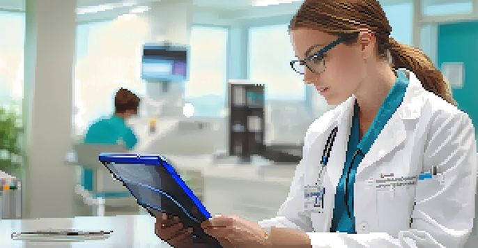 A healthcare professional engaged with a digital tablet, surrounded by a modern hospital environment, emphasizing the use of technology in patient safety.