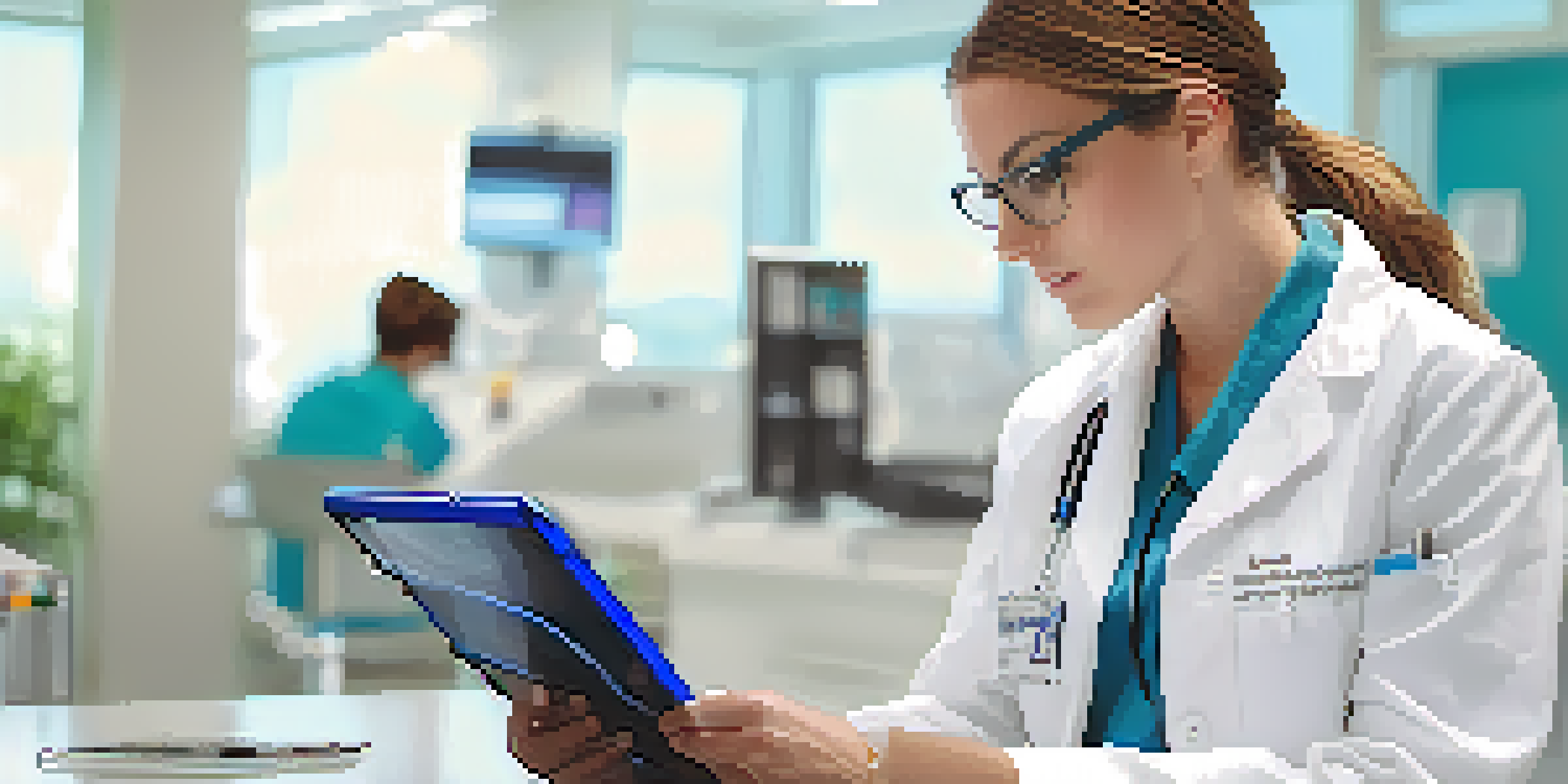 A healthcare professional engaged with a digital tablet, surrounded by a modern hospital environment, emphasizing the use of technology in patient safety.