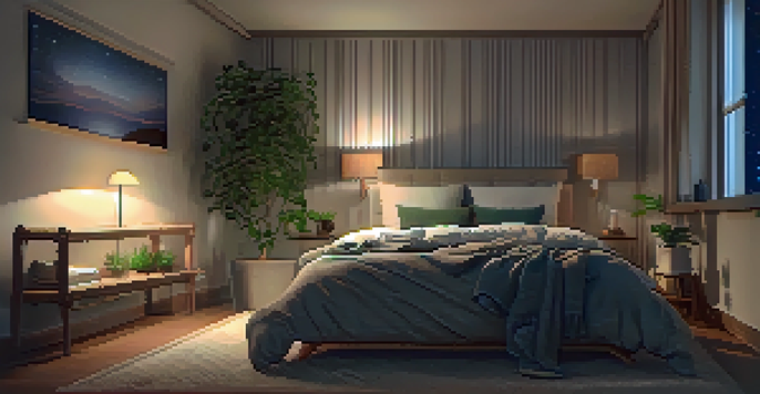 A peaceful bedroom with a cozy bed, warm lighting, and a starry night visible through the window.