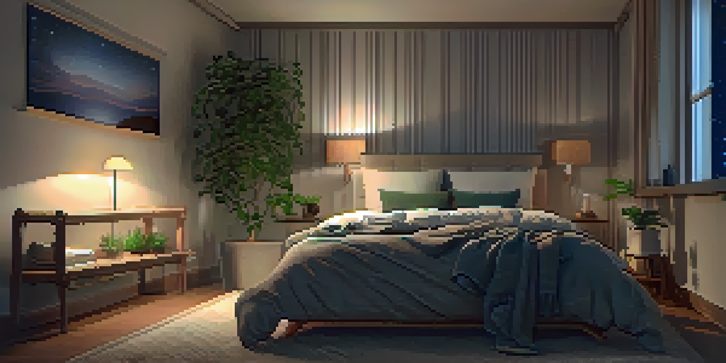 A peaceful bedroom with a cozy bed, warm lighting, and a starry night visible through the window.