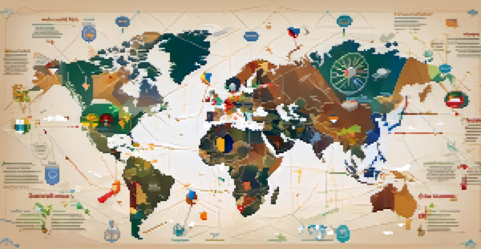 A global health map illustrating countries working together to combat infectious diseases, with connecting lines and flags, showcasing unity.