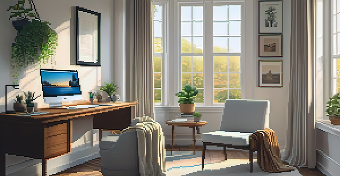 A warm and inviting home office with a laptop on a wooden desk, a comfortable chair, and plants in the sunlight.