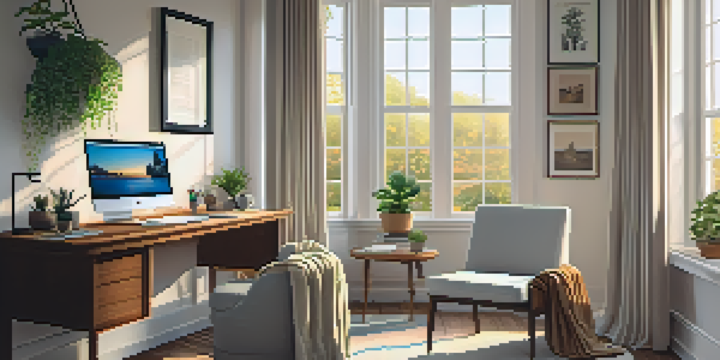A warm and inviting home office with a laptop on a wooden desk, a comfortable chair, and plants in the sunlight.