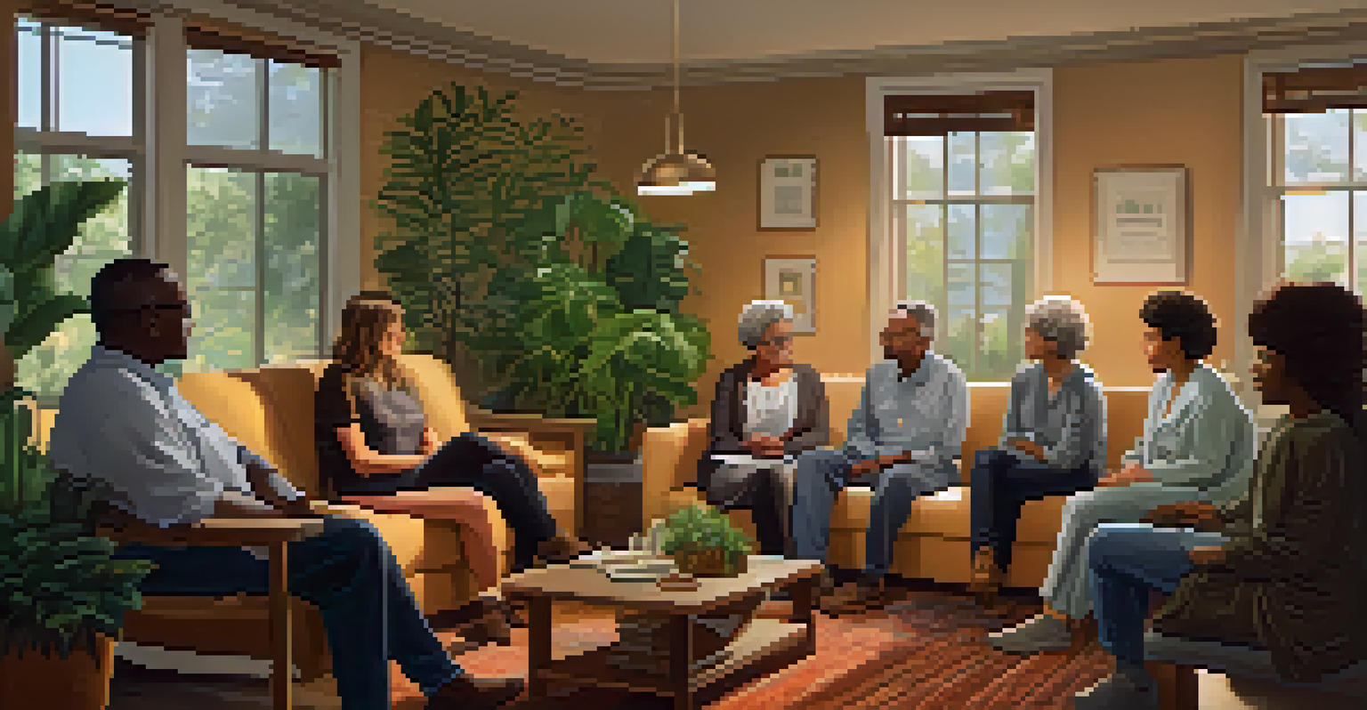 A diverse group of patients in a warm support group setting discussing their genetic test results together.