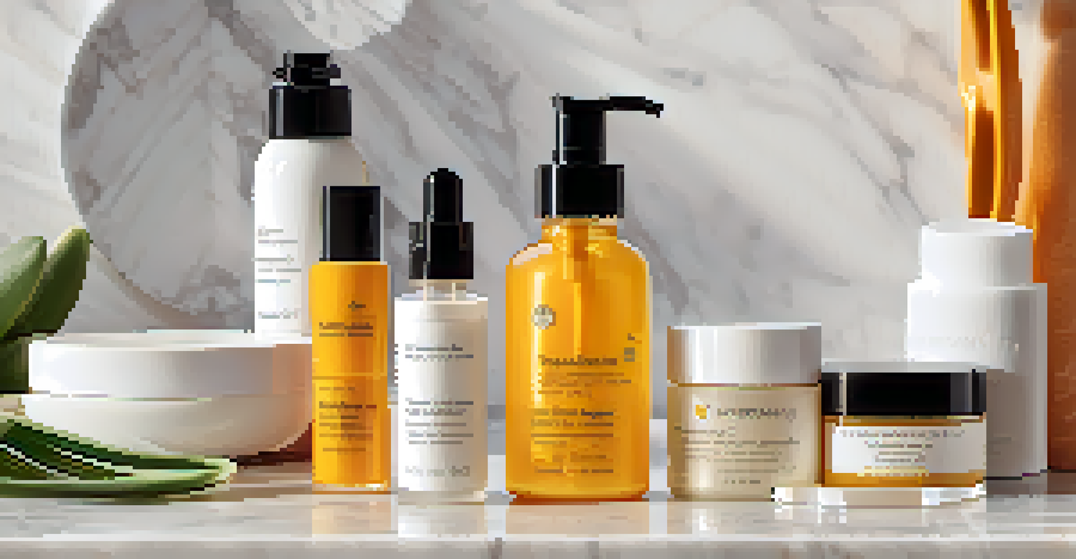 A skincare setup displaying products for treating hyperpigmentation, including vitamin C serum and sunscreen.