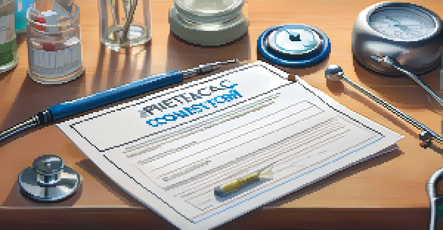 An illustrated scene of an informed consent form surrounded by medical symbols on a wooden desk.