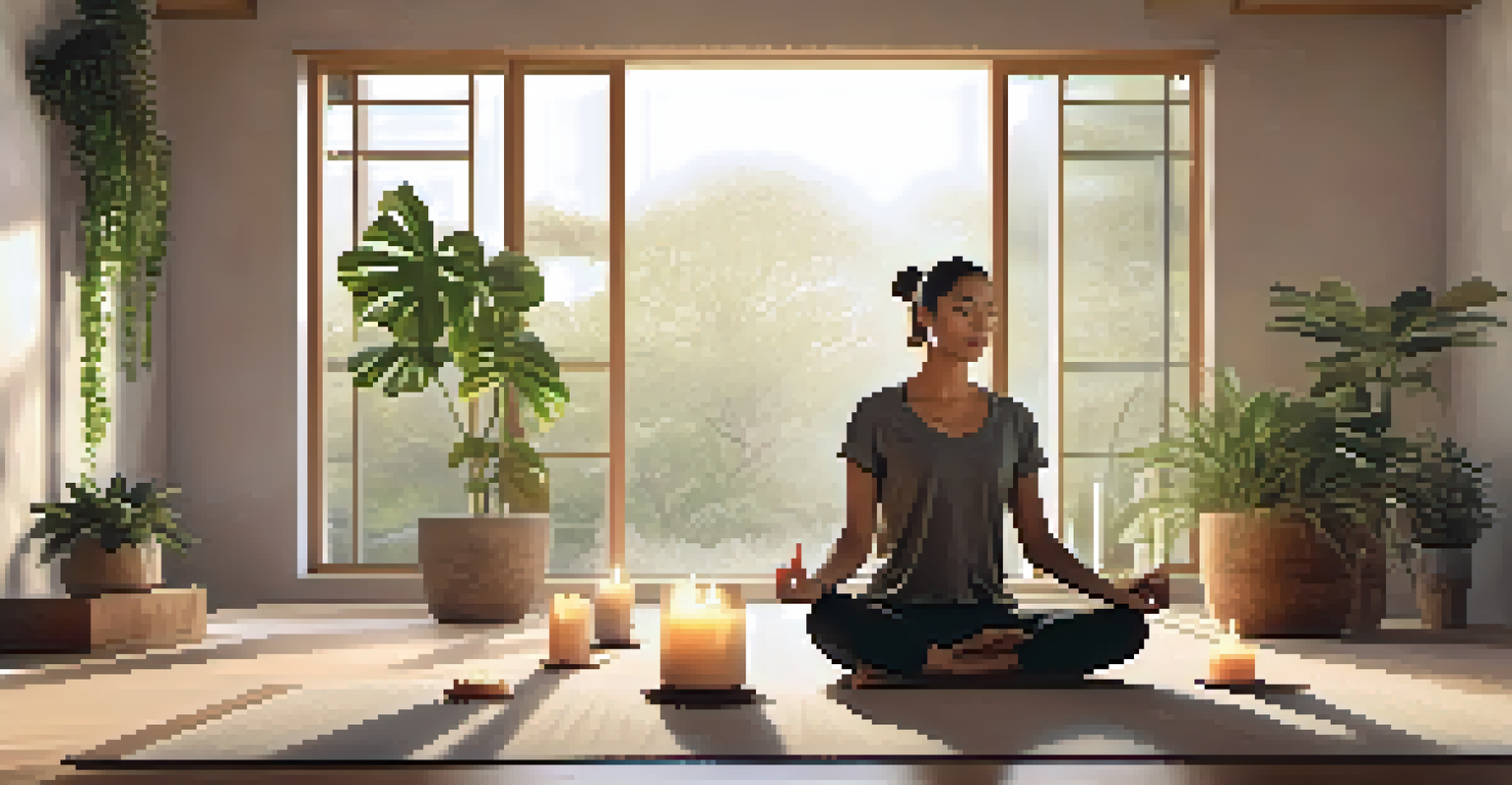 A person meditating on a yoga mat in a calm room, surrounded by candles and plants, emphasizing tranquility and mindfulness.