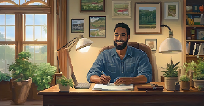 A farmer in a home office participating in a telehealth consultation on a laptop, surrounded by a cozy and inviting environment.