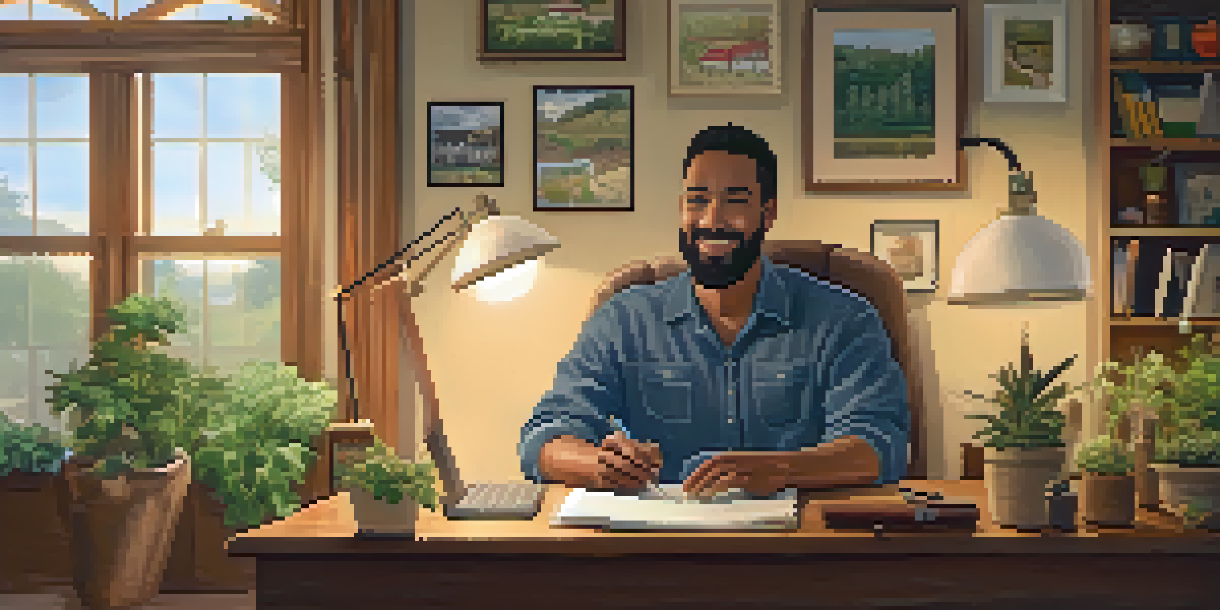 A farmer in a home office participating in a telehealth consultation on a laptop, surrounded by a cozy and inviting environment.