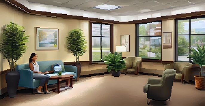 A cozy medical office waiting room with comfortable seating and plants, illuminated by soft lighting.