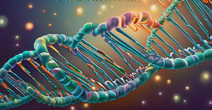 A close-up view of a colorful DNA double helix structure against a gradient background.