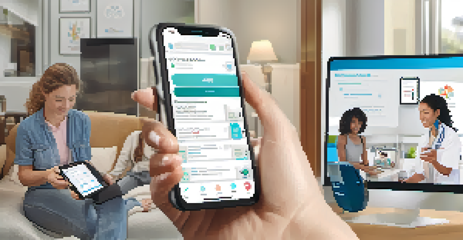 A split-screen image of a person using a mobile health app at home and a healthcare professional in a telehealth consultation, emphasizing technology in public health education.
