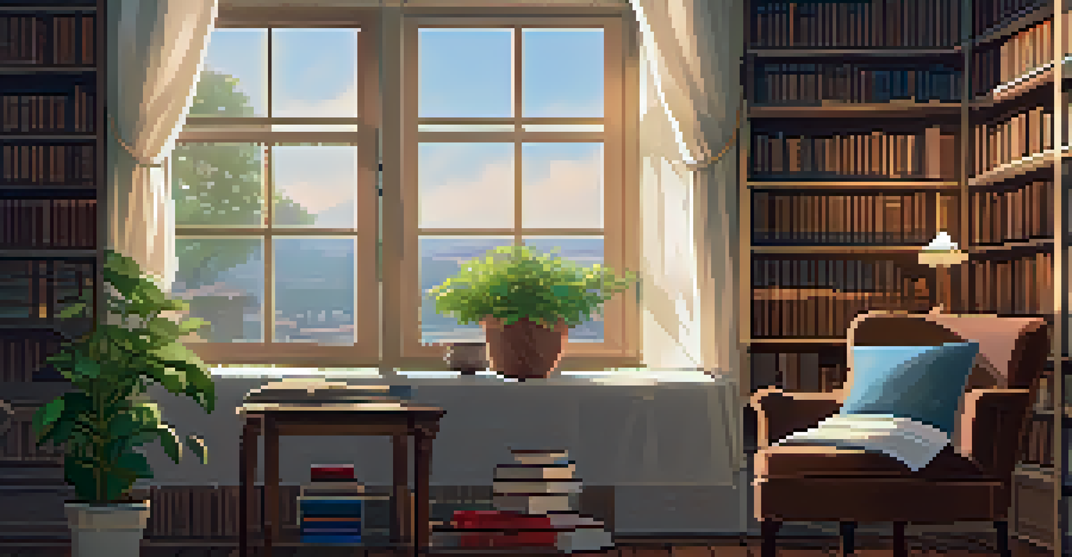 A cozy reading nook with an armchair, bookshelf, potted plant, and a cup of tea by a window.