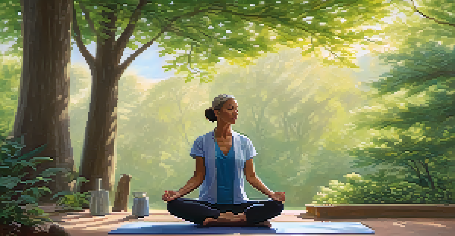 A patient practicing mindfulness outdoors with a nurse providing support, surrounded by nature and soft sunlight.